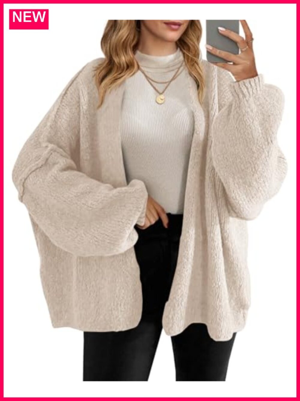 Womens Oversized Open Front Cardigan Chunky Knit Lantern Sleeve Sweater